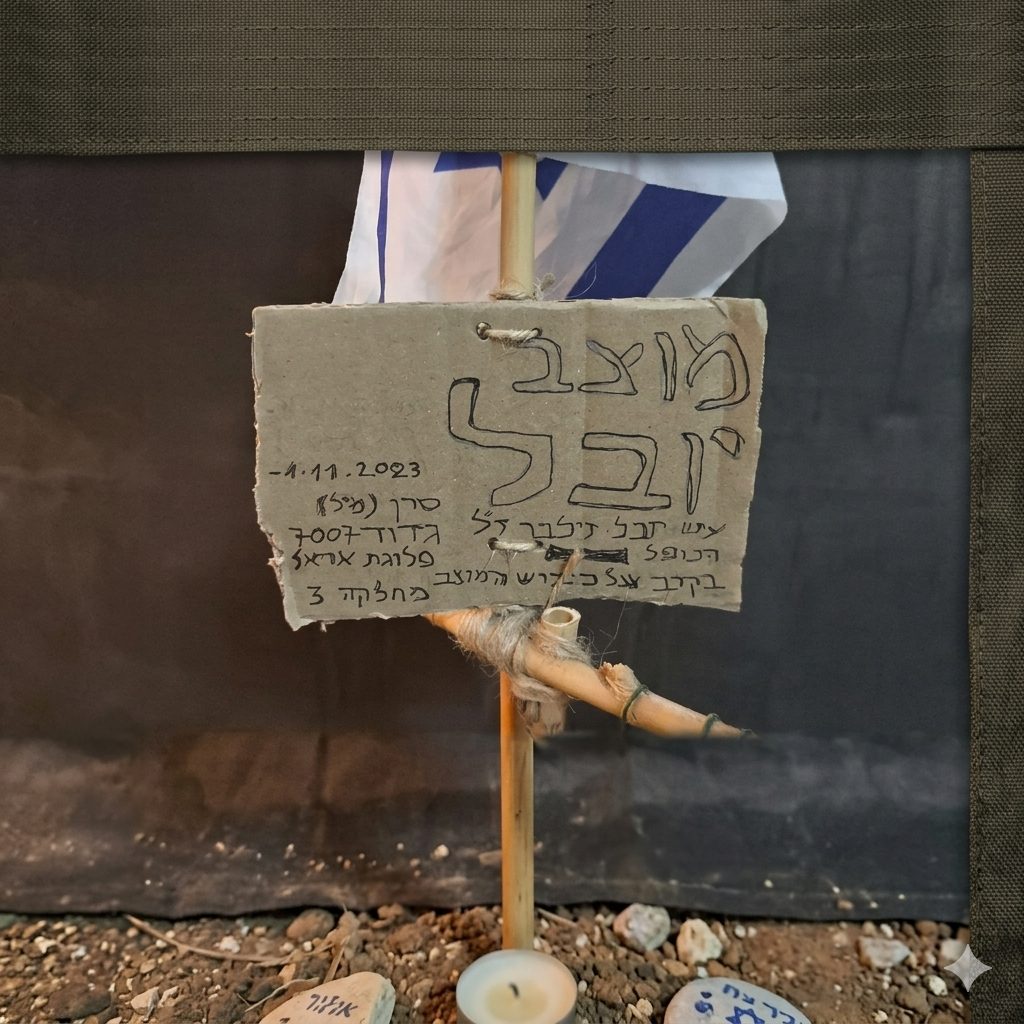 שלט קרטון מאולתר של "מוצב יובל" לזכר סרן יובל זילבר ז"ל, לצד דגל ישראל, אבנים ונר זיכרון.